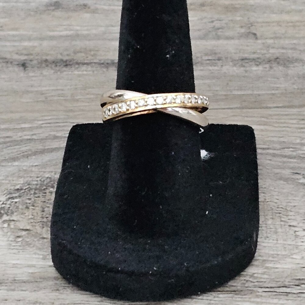 Vintage Thailand Crossover Twist Faux Diamonique Mixed Metal Gold Silver Ring